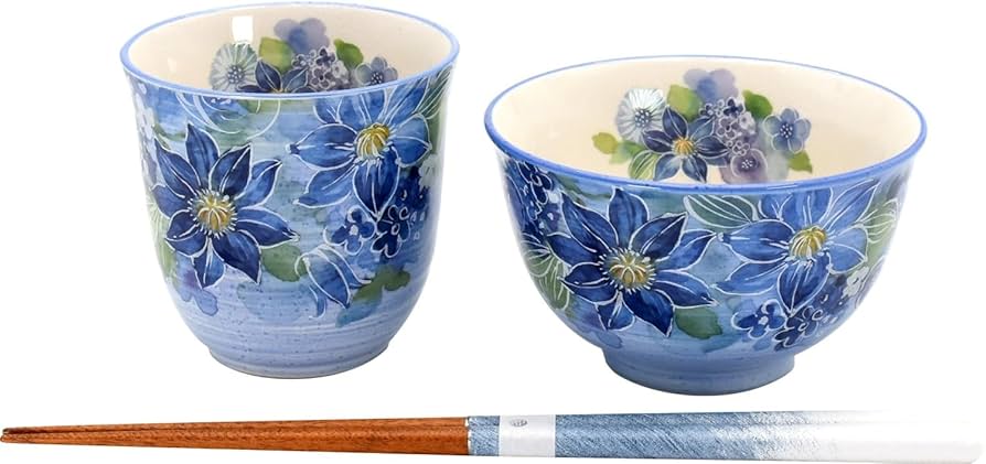 Amazon｜セラミック藍 花あわせ 飯碗湯呑 クレマチス 若狭塗り箸